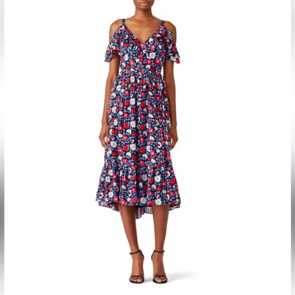 Kate Spade Cold Shoulder Navy Daisy Print Silk Midi Dress NWOT